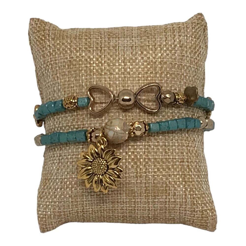 Vintage Inspired Glass Beads Bracelet Set Teal Gold Retro Design Eclectic Unique